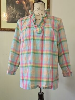 Crown And Ivy Pastel Plaid Ruffle Neck Blouse